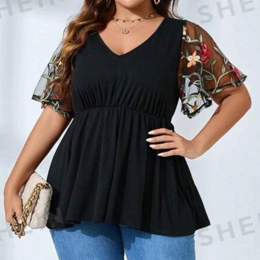 SHEIN Black V-Neck Bishop Sleeve Top